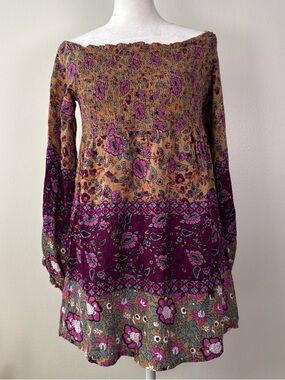Raga Anthropologie Smocked Floral Blouse Top tunic Size Medium Boho Whimsy